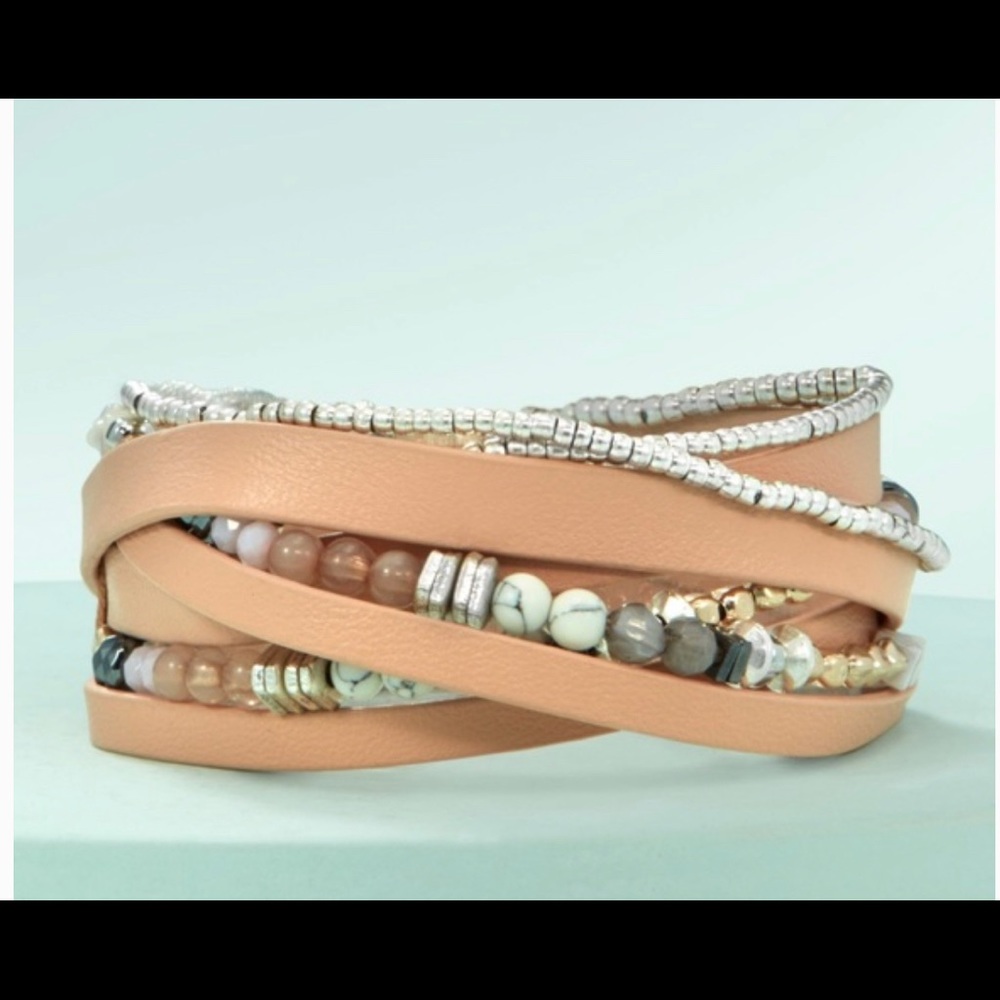 Stella & Dot Yves wrap bracelet in Blush cream and silver.